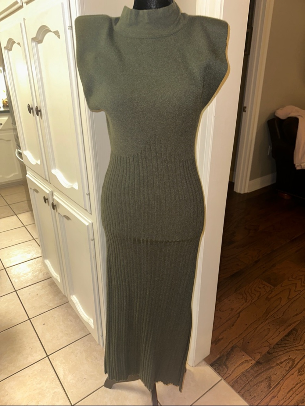 Le Lis dark Olive Green Ribbed Knit Maxi Dress with Structured Shoulders